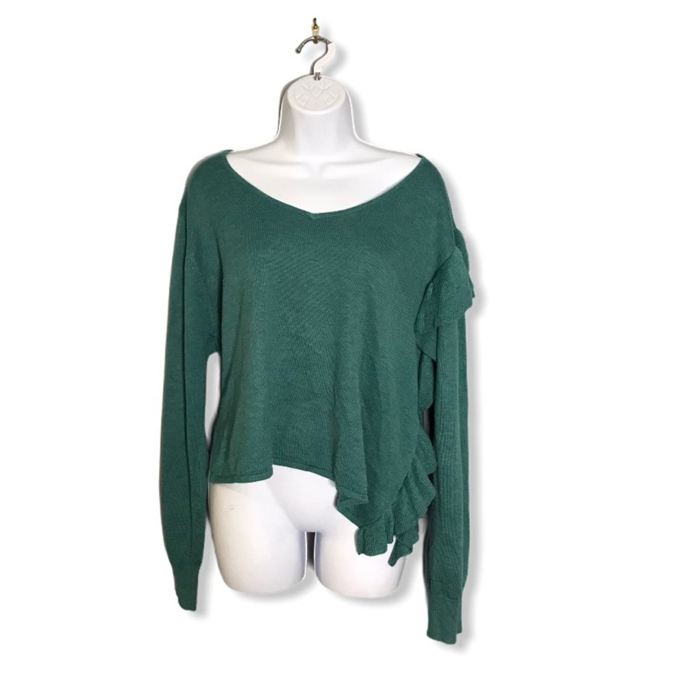 John & Jenn | Britt Teal One Side Ruffle Sweater •